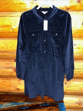 American Eagle NWT Corduroy Babydoll Button Down Mini Dress Size L Tall in Navy